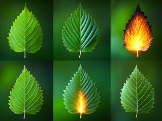 Six verdant leaf arrangements against a lush green backdrop with one leaf ablaze in vibrant colors