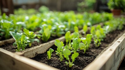 Vibrant Green Seedlings Thrive in Rustic Wooden Planter Box