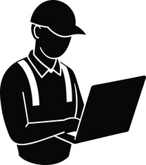 Silhouette of Man in Cap with Laptop on Transparent Background Icon