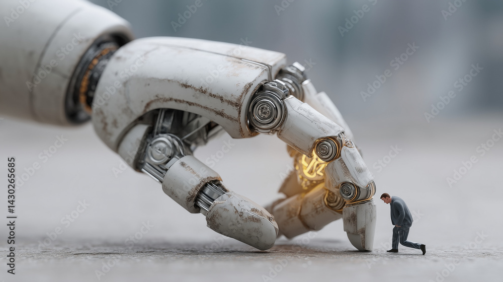 Poster the power of ai: a powerful robotic hand, a symbol of artificial intelligence, reaches out to a mini