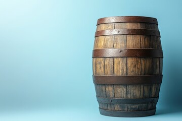 Obraz premium Vintage wooden barrel against a light blue backdrop.