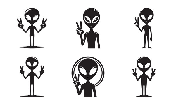 Alien Silhouette Giving Peace Sign  Minimal Sci-Fi Vector
