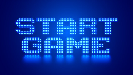 Design of start game message. Pixel art. 8 bit game. Retro gaming for vector computer game assets. Arcade retro gaming. Web banner with neon design phrase Start Game on blue background.