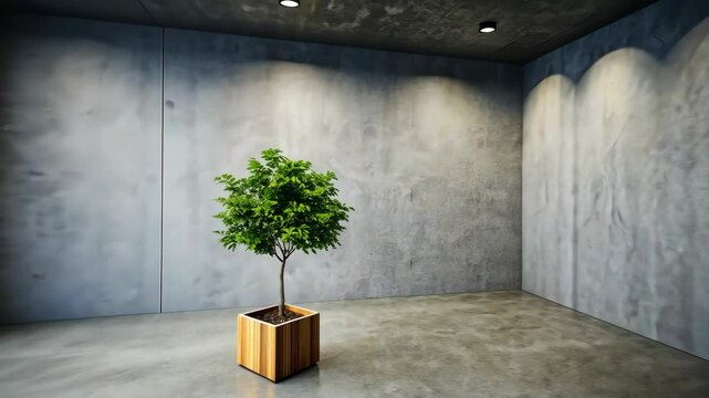 Modern empty room with a tree in a wooden pot and a small potted plant