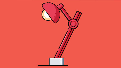 Illustration of a red desk lamp with adjustable arm and round base against a coral red background. The lamp has a white light bulb visible under its dome shaped shade.