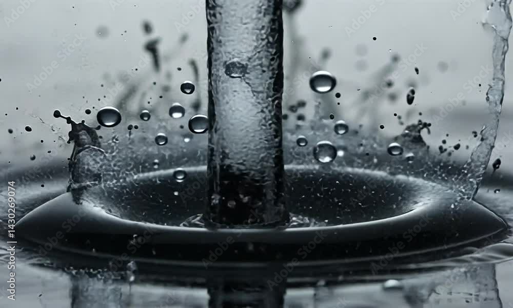 Poster close-up of water splashing from a circular object, creating dynamic ripples and bubbles