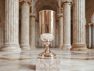 Fototapeta premium Golden goblet on a marble pedestal in a grand hall.
