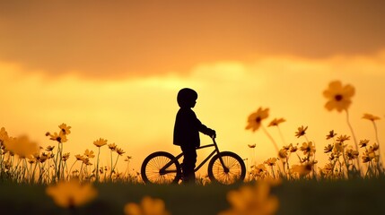Obraz premium Silhouette of a child with bicycle in a field of yellow flowers at sunset. Pixel art style image with warm, golden light and a peaceful atmosphere.