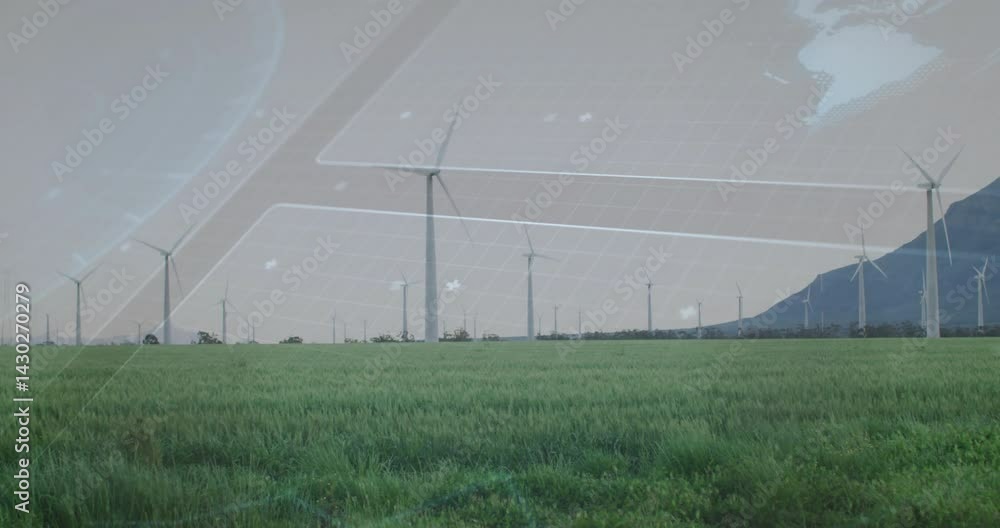 Poster wind turbines rotating across grassy field under translucent digital grid and world map overlay