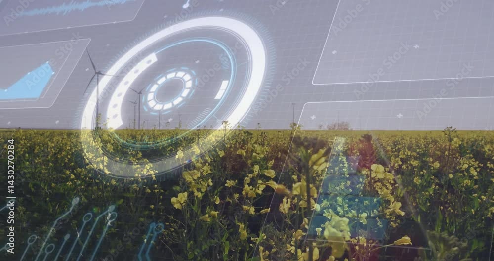 Poster canola field getting monitored in augmented reality with wind turbines, smartphone and hud graphics