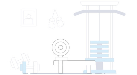 outline illustration of a gym background, featuring gym equipment such as weights, treadmills, and exercise mats
