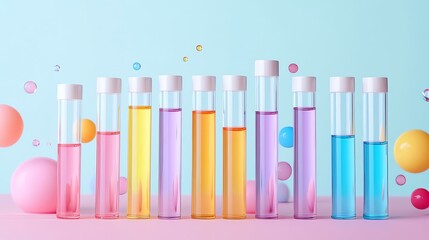 Obraz premium Colorful test tubes with various liquids on a pastel background, perfect for laboratory or educational themes.