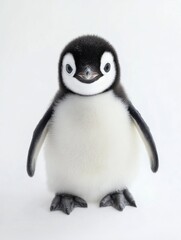 Obraz premium Baby Penguin Standing Upright With Big Eyes on Soft White Background Looking Adorable and Curious Generative AI