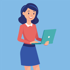 woman standing with laptop vector