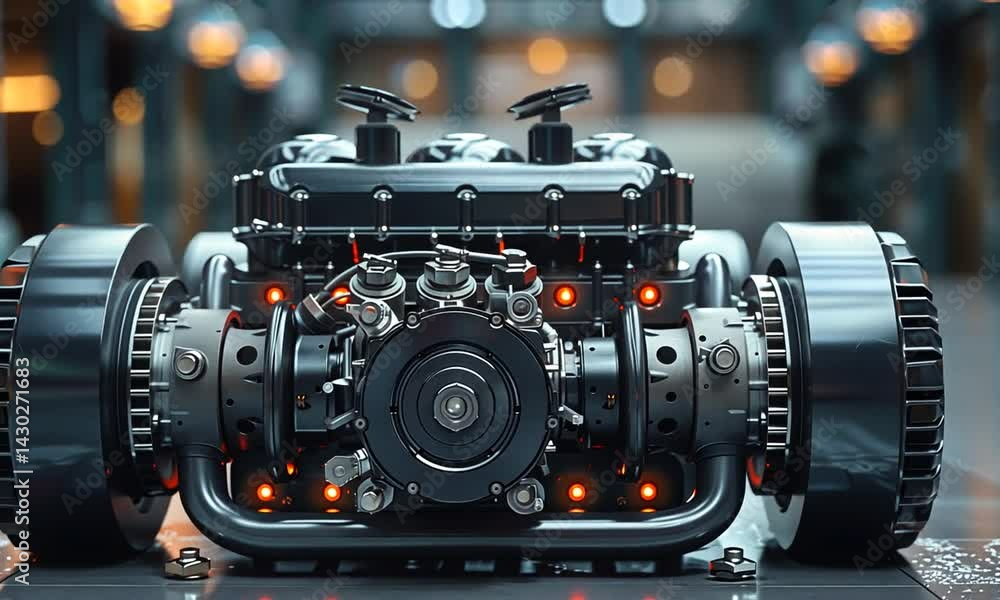 Poster close-up view of a futuristic engine showcasing intricate details and glowing elements in a modern i
