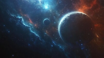 Obraz premium Planets and Stars in a Vibrant Nebula, A cosmic scene featuring planets and stars in a vibrant nebula