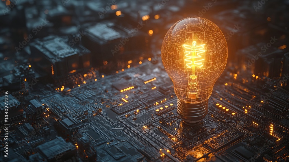 Poster glowing light bulb on a dark circuit board with small lights creating a futuristic tech atmosphere