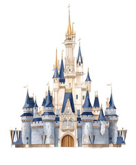 Enchanting Fairytale Castle with Towering Spires, Blue Roofs, and Majestic Architecture Surrounded by a Fantasy Landscape for Illustrative Purposes