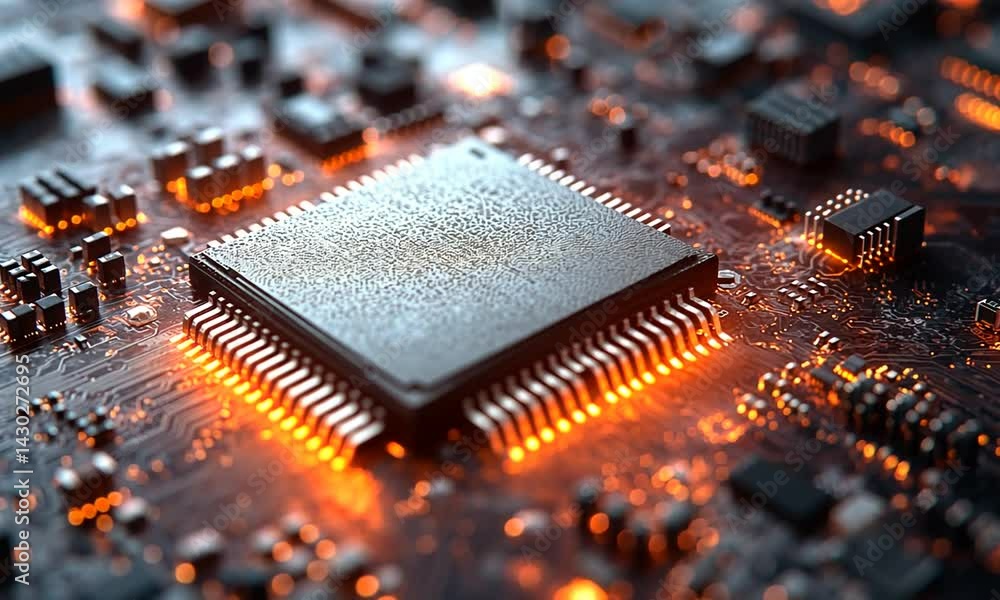 Poster close-up view of a glowing microchip on a circuit board, showcasing intricate details and technology