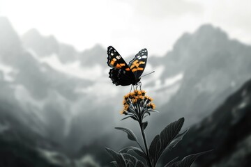 A butterfly with orange and black wings rests on yellow flowers against a grayscale mountain backdrop.