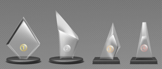 Glass trophy awards set with laurel wreaths - acrylic plaque shapes. Transparent realistic vector mockups for victory symbols, championship prizes or corporate recognition gifts on glossy stands