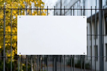Blank white sign affixed to a metal fence, ideal for adding customized text or graphics for advertising or informational use.