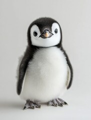Charming Baby Penguin Standing Patiently Against a Soft White Background, Showcasing Adorable Features and Curious Expression Generative AI