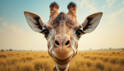 Giraffe Selfie Animal: A curious giraffe with big eyes and long eyelashes, head tilted slightly. Pose: Face close to the lens, centered
