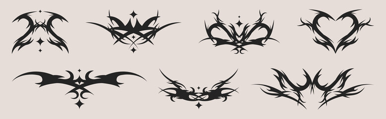 Neo tribal tattoo signs set isolated on background. Vector realistic illustration of gothic black ink symbols, abstract shape grunge streetwear decor, punk style ornament, street art graffiti elements