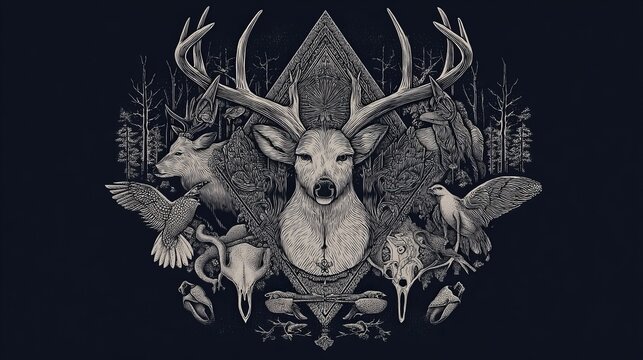 Detailed illustration of a deer with antlers surrounded by wildlife and geometric patterns on dark background