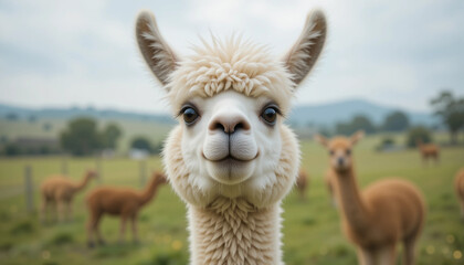 Obraz premium Alpaca Selfie Animal: A fluffy alpaca with a goofy smile and ears perked up. Pose: Head slightly tilted, filling the frame in a friendly close-up