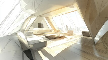 Fototapeta premium Modern, angular living room design with panoramic city views.