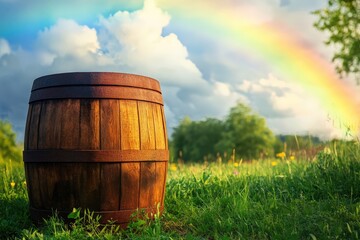 Obraz premium Wooden barrel positioned in a grassy field under a vibrant rainbow.