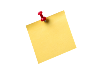 yellow sticky note, Yellow sticky post it note with red pushpin on transparent background  