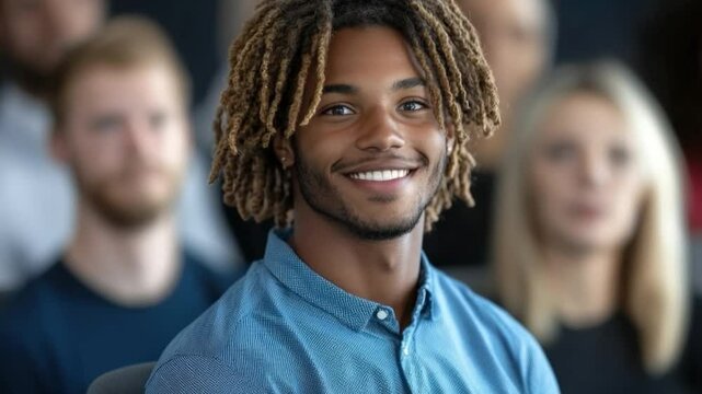 Confident Speaker Captivating Audience: A charismatic male speaker exudes confidence, his vibrant smile engaging an attentive audience, demonstrating excellent communication.