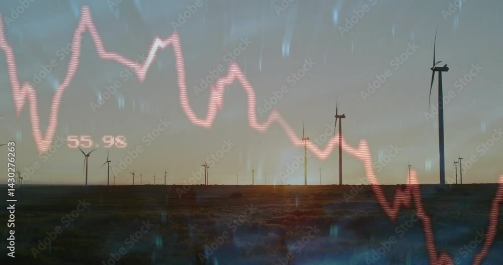 Poster wind turbines rotating on grassy plain at sunset, displaying translucent red line graph data