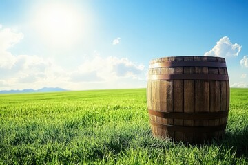 Obraz premium Wooden barrel stands sentinel in a vibrant green field under a vast blue sky.