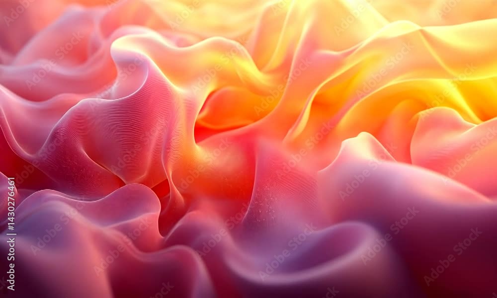 Poster colorful, flowing fabric waves in a soft gradient, creating a serene background atmosphere