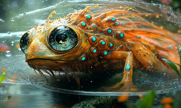 Colorful fantasy amphibian with vibrant details in a lush, magical forest setting