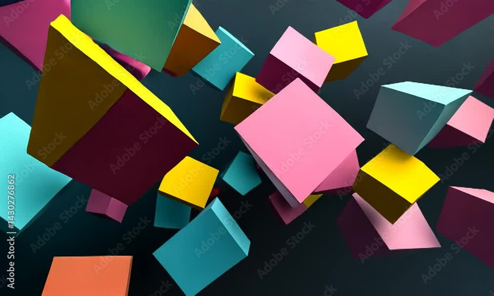 Poster colorful geometric shapes in dynamic motion, creating a vibrant abstract scene with depth