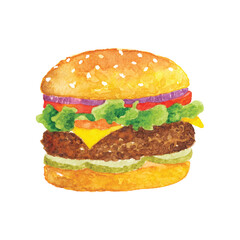 Watercolor Illustration of a Juicy Cheeseburger, burger, hamburger, hand-painted fast food clipart