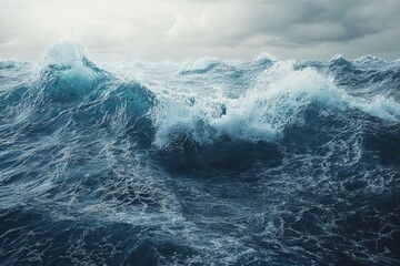 Powerful ocean waves crashing under a dramatic cloudy sky at twilight