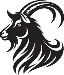 Obraz premium A stylized black and white illustration of a goat head with curved horns and a beard design