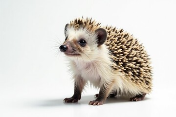 Obraz premium Alert hedgehog standing, facing forward, on a seamless white backdrop, wildlife photography, animal photography, standing