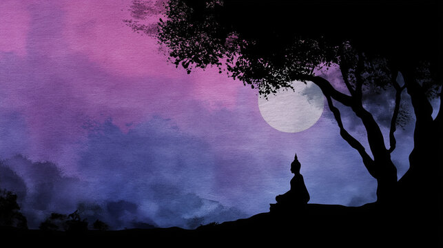 Buddha Purnima, silhouette of Buddha sitting in meditation under Bodhi tree with moonlight on top, purple to dark blue gradient background