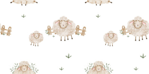 Cute Sheep grazing,, wooden fence. Watercolor nursery seamless pattern flock of lambs. Rustic baby background of farm animals for textile, linen, baby shower, wallpaper, pajamas and children's room © Fedulova_art