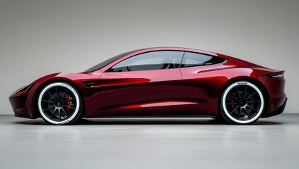 Obraz premium Sleek red electric sports car with futuristic design parked indoors side profile view on neutral background