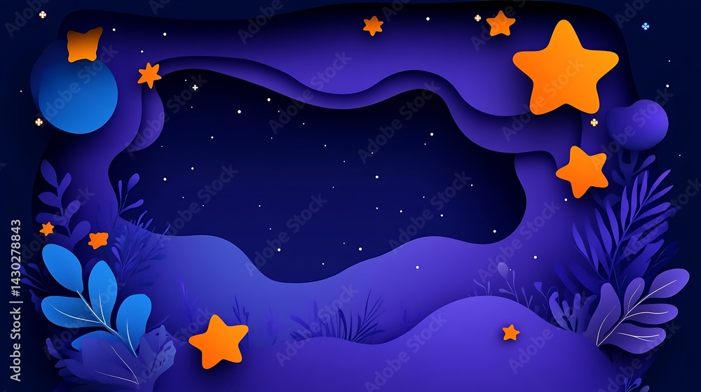 Poster enchanting layered celestial landscape with stars and botanical elements