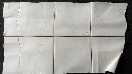 Folded white paper with crease lines against a dark background, some wear and tear