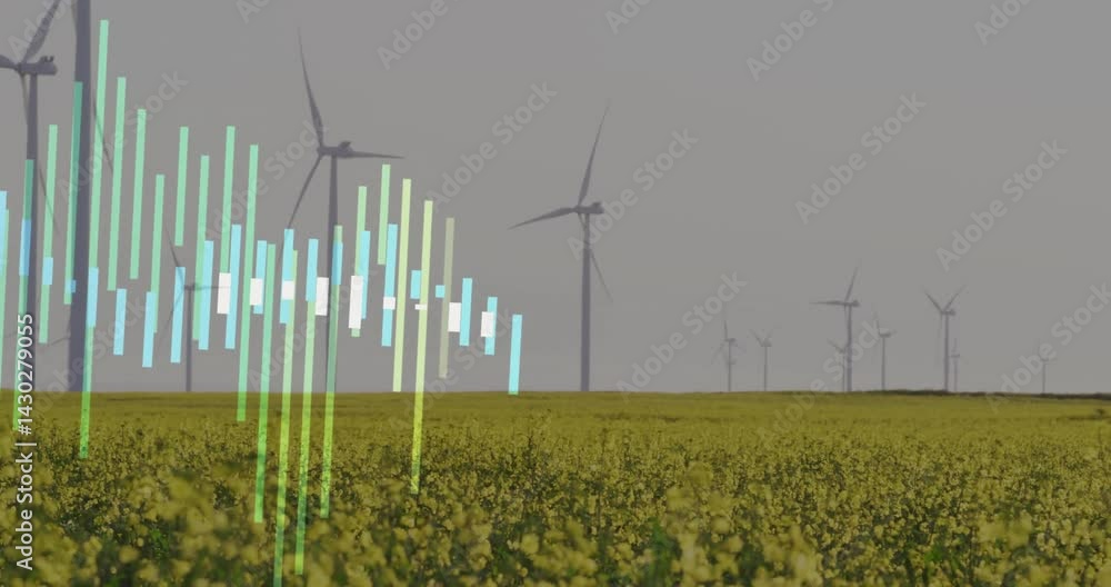 Poster central wind turbine rotating over yellow crop field while digital data bars rising in flat design